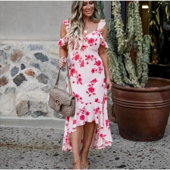 CECE Secret Blush Floral Spring Bouquet Ruffled Hi Low Maxi Dress Sz M - Picture 2 of 16